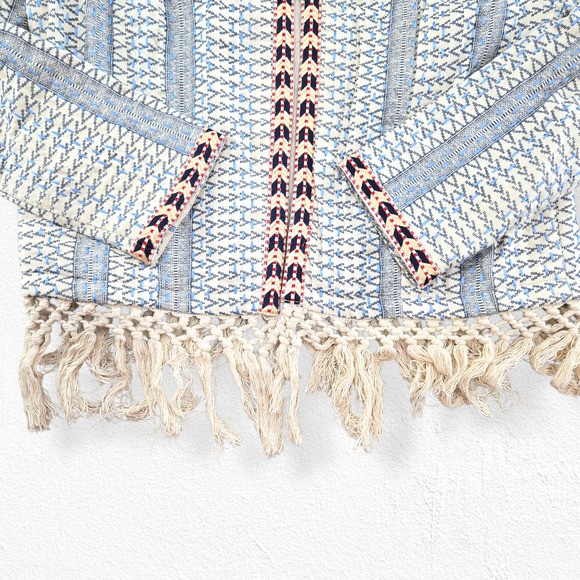 Tularosa Blue White Woven Embroidered Boho Fringe Jacket Open Blazer Size Medium - Picture 5 of 11